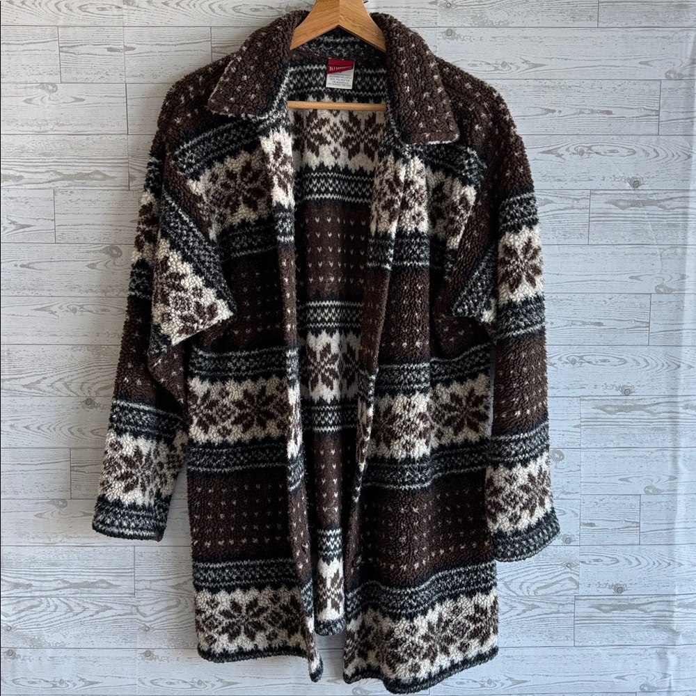 Fair Isle Coat Fleece Brown Palmettos Snowflake Jacket medium vintage - Picture 1 of 6